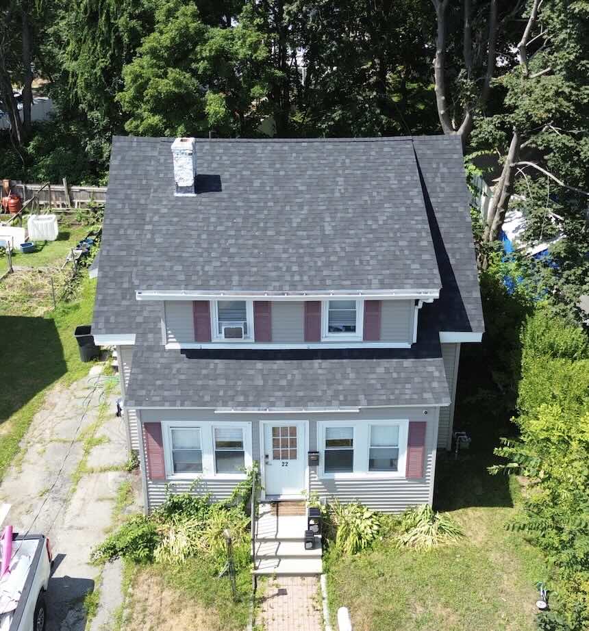 Aerial view of the roof project in worcester by hemlock contracting team expert