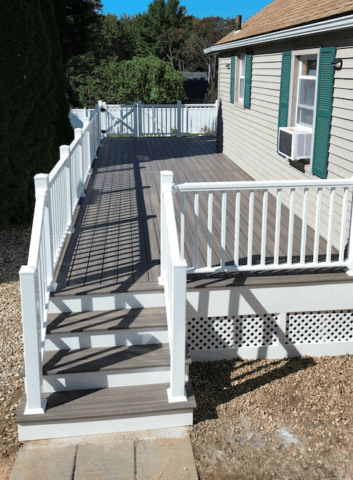 Composite deck with white skirting and white railing in worcester ma