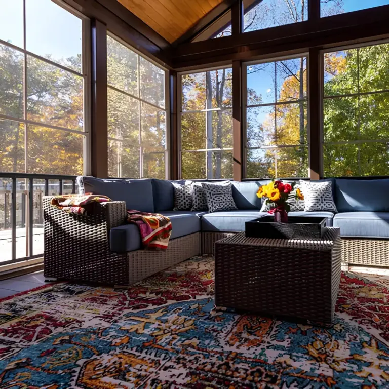 Cozy screened porch contemporary furniture with beautiful trees on the outside of the screened porch in worcester ma