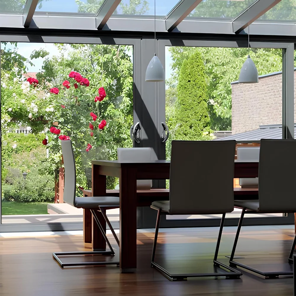 Elegant screened in porch with furnitures and trees on the background in worcester ma