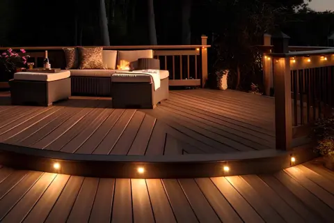 Residential deck design with lights on it with lights on railing with outdoor living furniture in worcester ma