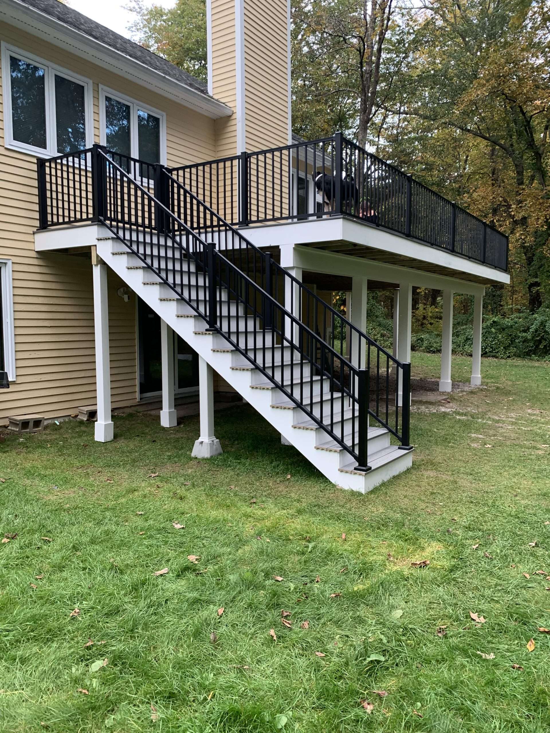 Residential under deck with black metal railing featuring grassy land and trees on the background in worcester ma