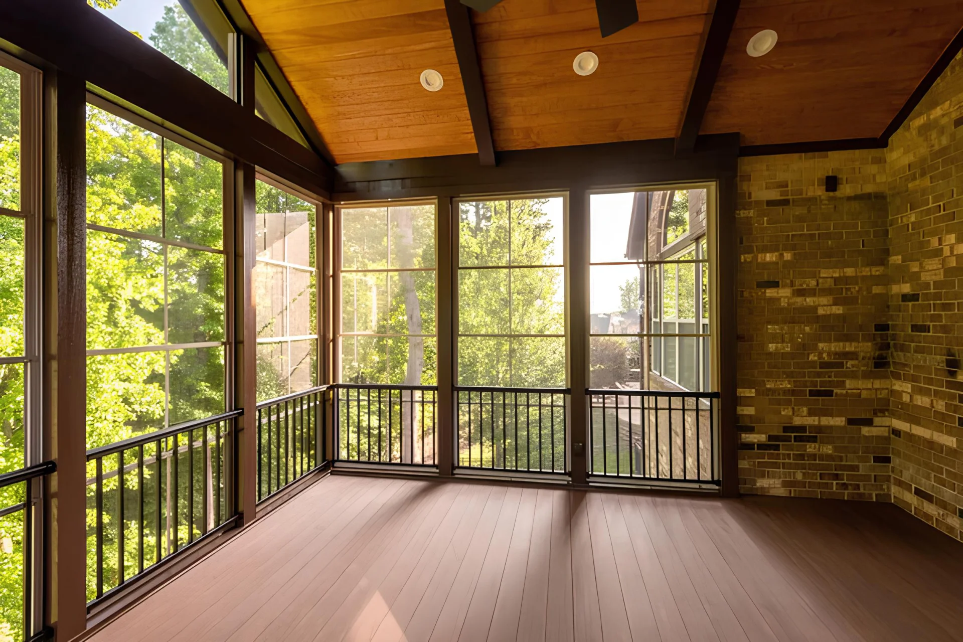 Spacious modern screened porch with black railing featuring trees on the background in worcester ma